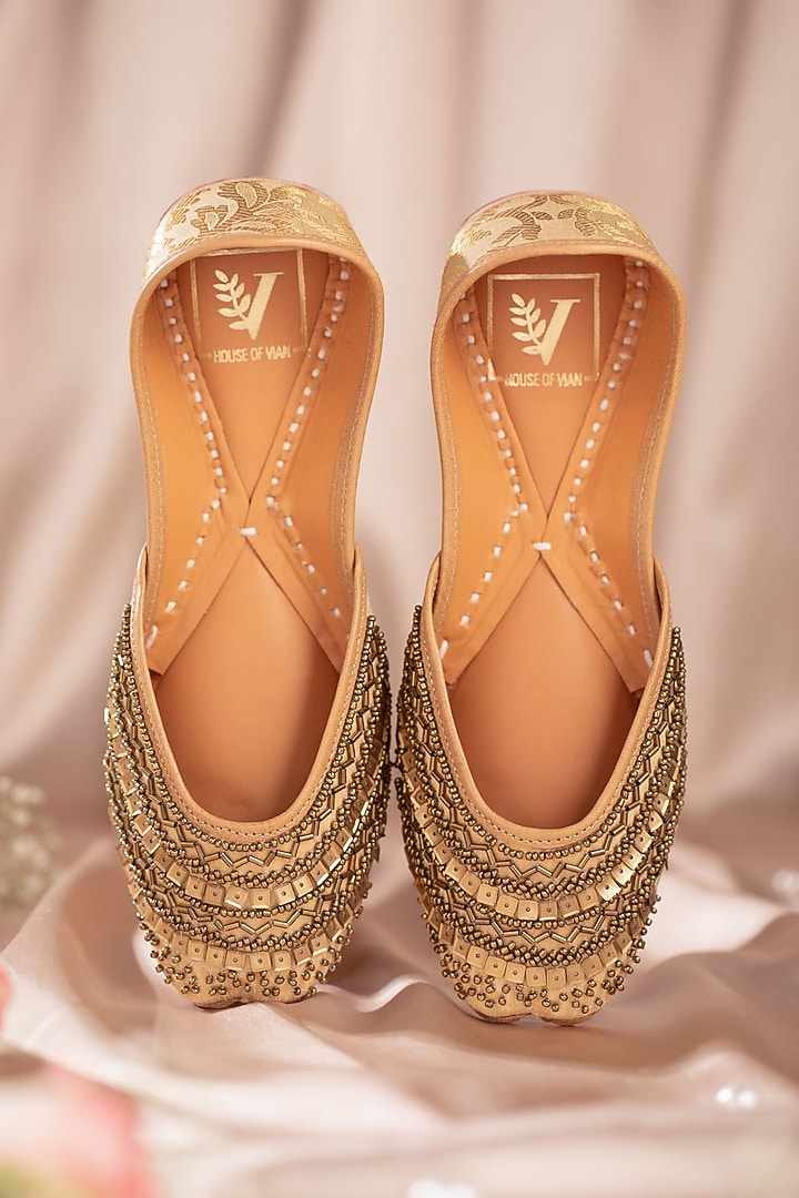 Gold Dupion Silk Cutdana Embroidered Juttis by House of Vian at Pernia's Pop Up Shop