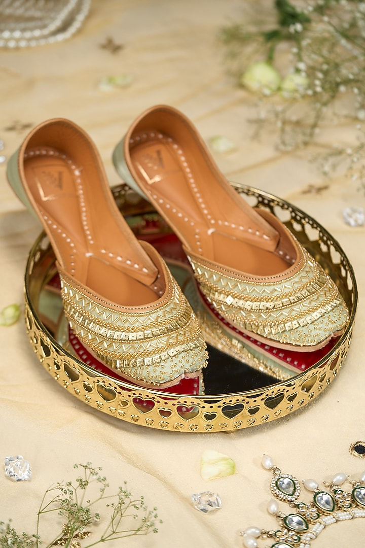 Green Tissue Silk Cutdana Embroidered Juttis by House of Vian at Pernia's Pop Up Shop