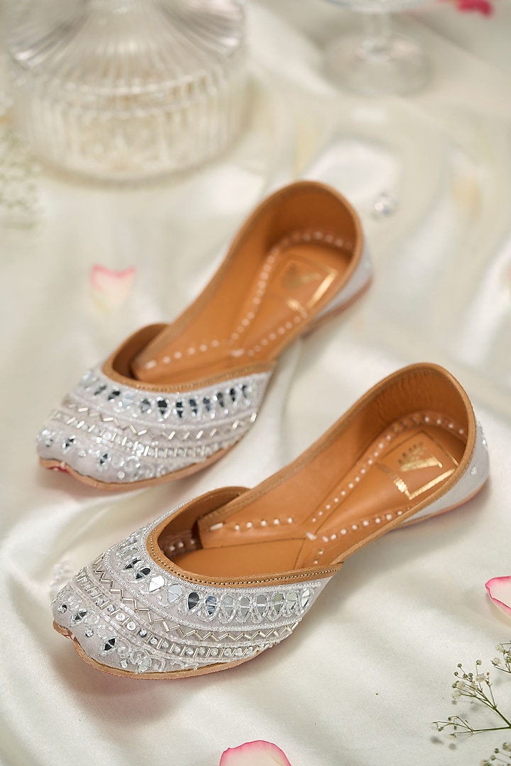 Silver Suede Cutdana Embroidered Juttis by House of Vian at Pernia's Pop Up Shop