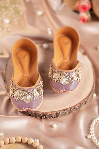 Purple Tissue Silk Nakshi Embroidered Juttis by House of Vian