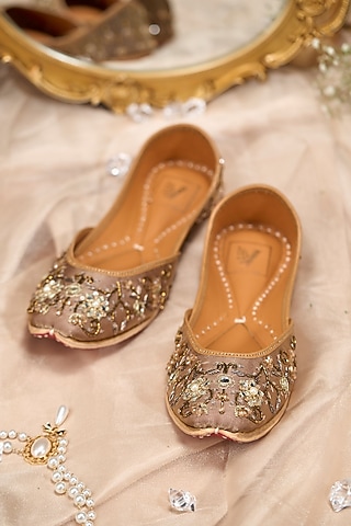Brown Tissue Silk Dabka Embroidered Juttis by House of Vian