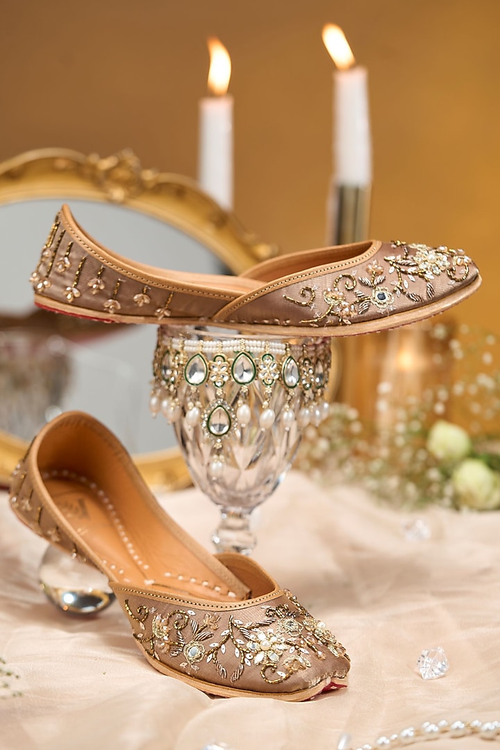 Brown Tissue Silk Dabka Embroidered Juttis by House of Vian at Pernia's Pop Up Shop