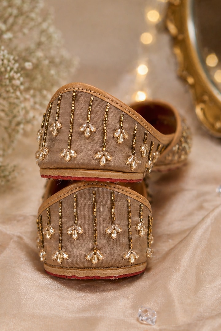 Brown Tissue Silk Dabka Embroidered Juttis by House of Vian at Pernia's Pop Up Shop