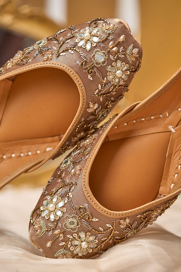 Brown Tissue Silk Dabka Embroidered Juttis by House of Vian at Pernia's Pop Up Shop