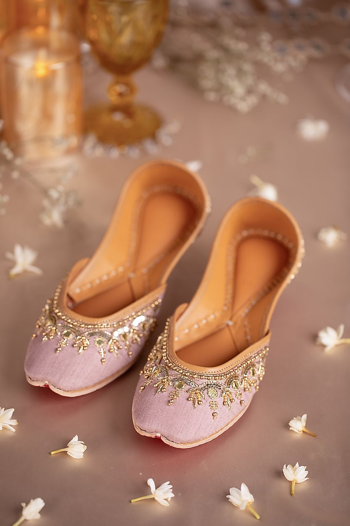 Beige Dupion Silk Sequins Embroidered Juttis by House of Vian at Pernia's Pop Up Shop