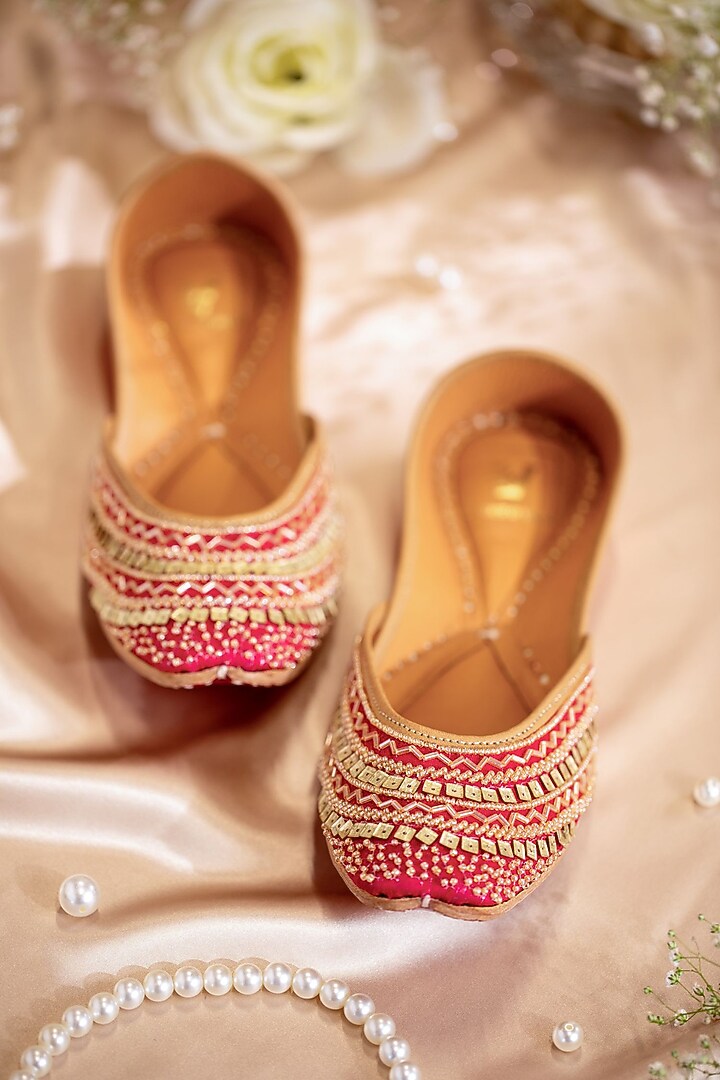 Pink Dupion Silk & Banarasi Brocade Cutdana Embroidered Juttis by House of Vian at Pernia's Pop Up Shop