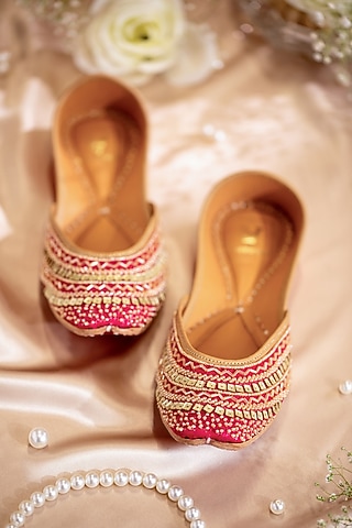 Pink Dupion Silk & Banarasi Brocade Cutdana Embroidered Juttis by House of Vian