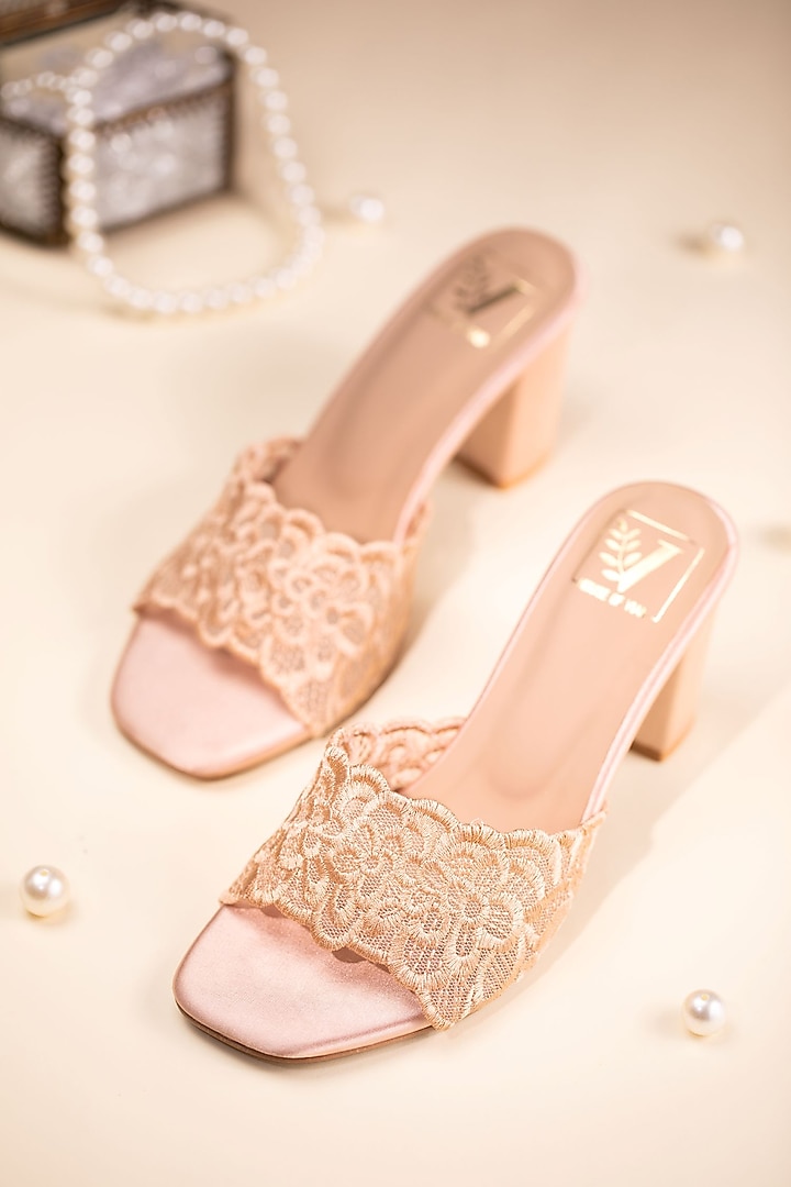 Beige Faux Leather Thread Floral Embroidered Heels by House of Vian at Pernia's Pop Up Shop