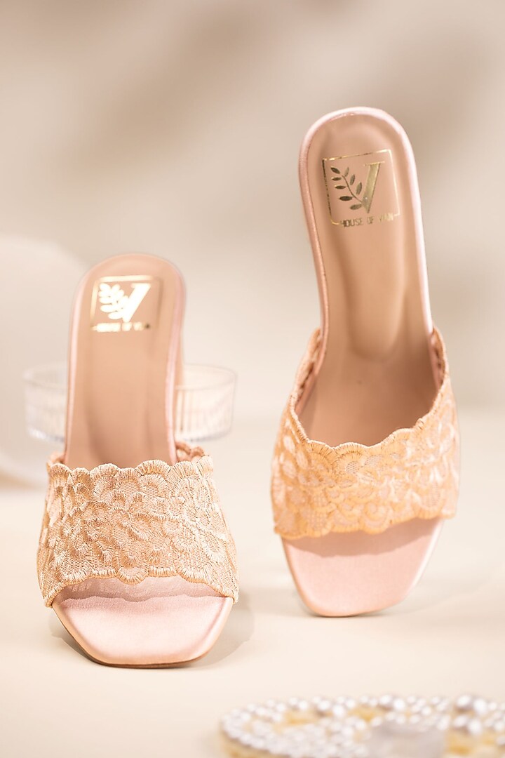 Beige Faux Leather Thread Floral Embroidered Heels by House of Vian at Pernia's Pop Up Shop
