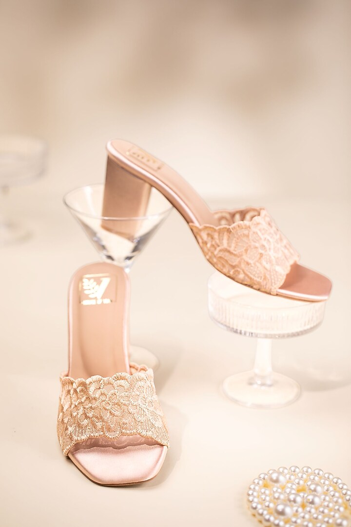 Beige Faux Leather Thread Floral Embroidered Heels by House of Vian at Pernia's Pop Up Shop