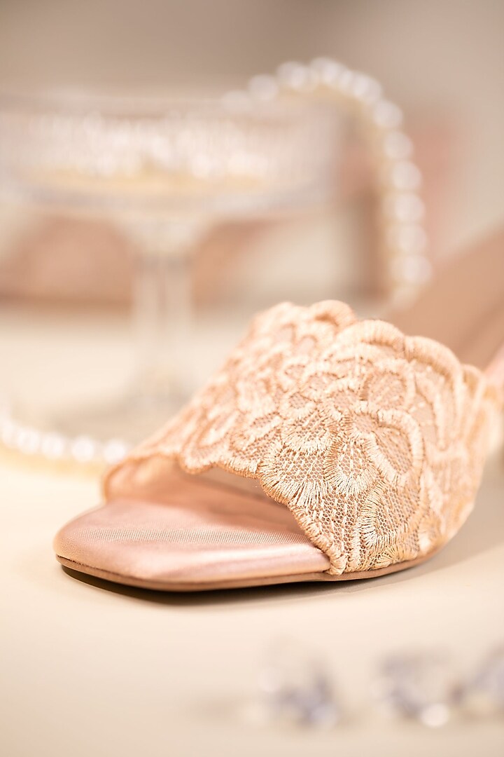 Beige Faux Leather Thread Floral Embroidered Heels by House of Vian at Pernia's Pop Up Shop