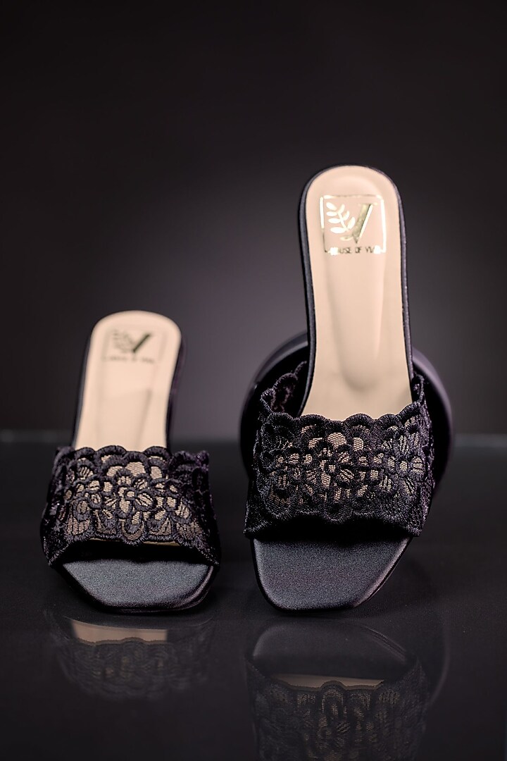 Beige Faux Leather Floral Embroidered Heels by House of Vian at Pernia's Pop Up Shop