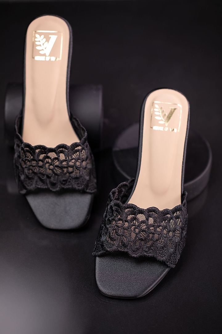Beige Faux Leather Floral Embroidered Heels by House of Vian at Pernia's Pop Up Shop