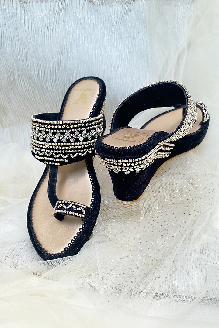 Black Embroidered Wedges by House of Vian at Pernia's Pop Up Shop
