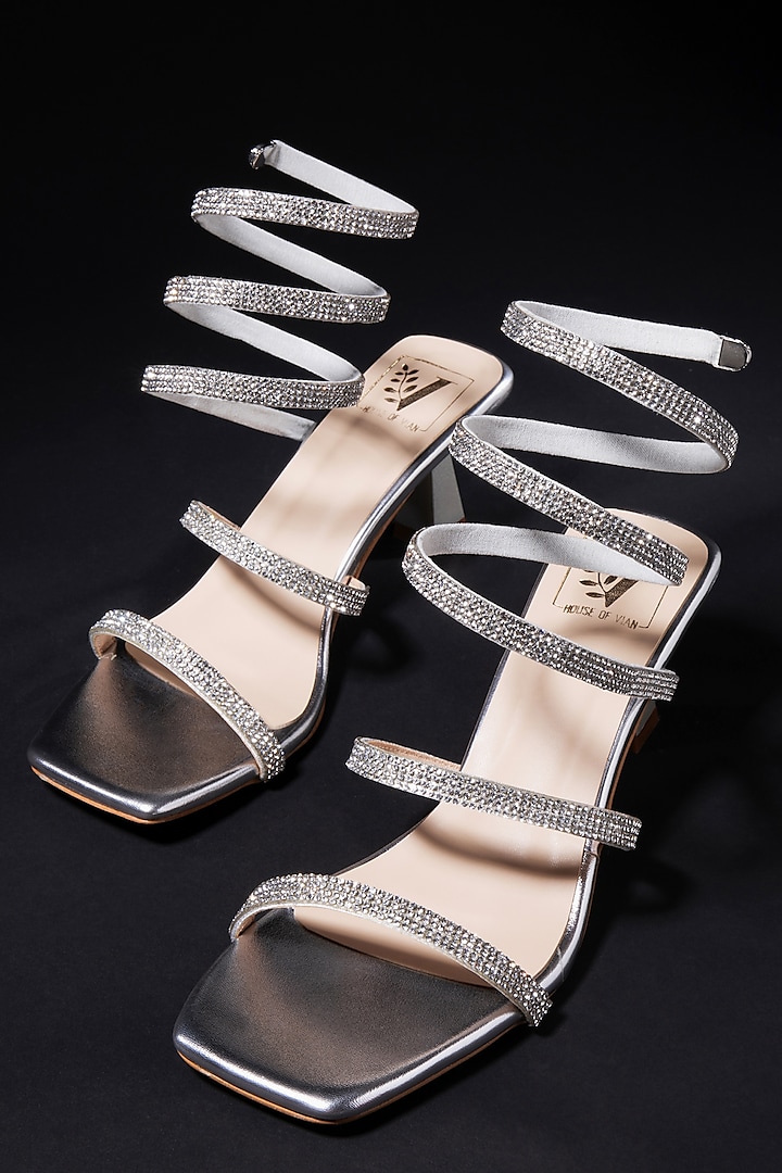 Silver & Beige Faux Leather Swarovski Embellished Heels by House of Vian at Pernia's Pop Up Shop