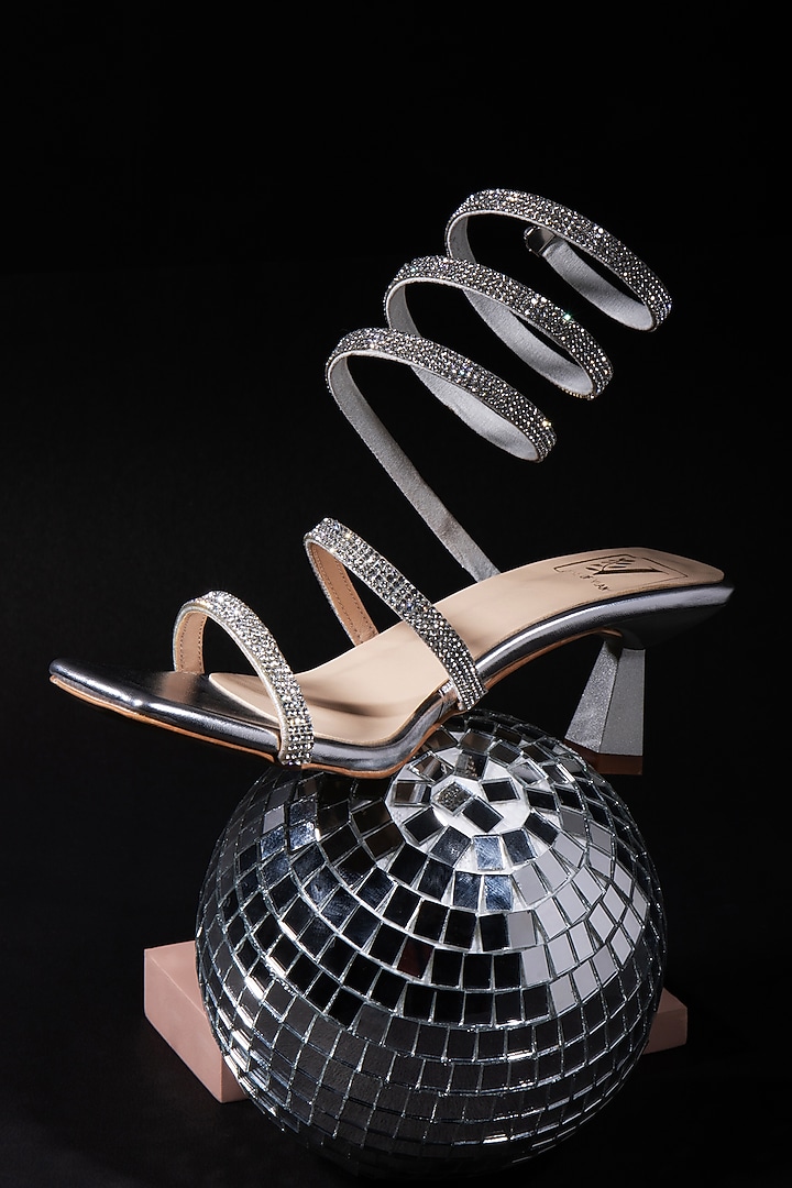 Silver & Beige Faux Leather Swarovski Embellished Heels by House of Vian at Pernia's Pop Up Shop