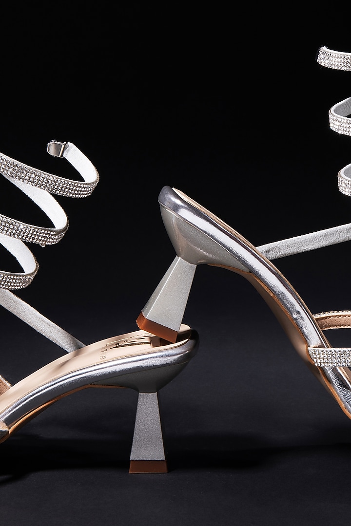 Silver & Beige Faux Leather Swarovski Embellished Heels by House of Vian at Pernia's Pop Up Shop