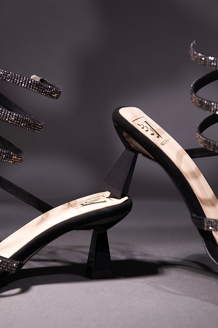 Black & Beige Faux Leather Swarovski Embellished Heels by House of Vian at Pernia's Pop Up Shop