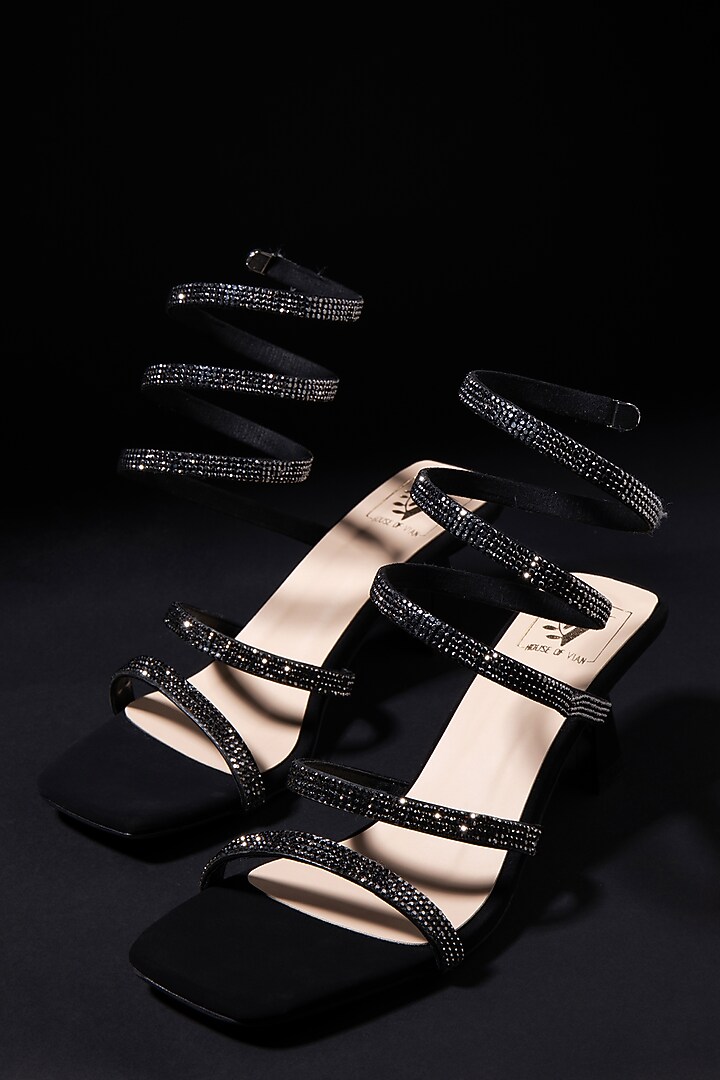 Black & Beige Faux Leather Swarovski Embellished Heels by House of Vian at Pernia's Pop Up Shop