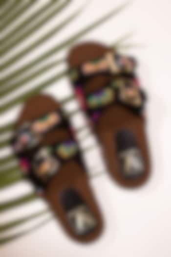 Black & Beige Faux Leather Thread Embroidered Flats by House of Vian at Pernia's Pop Up Shop