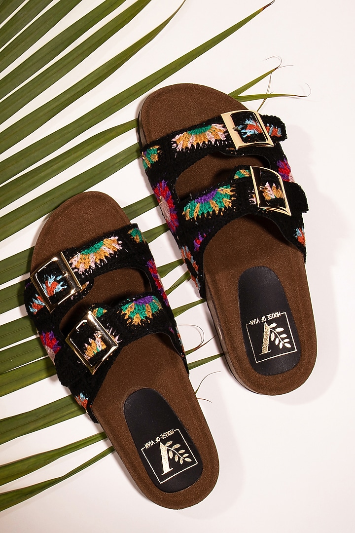 Black & Beige Faux Leather Thread Embroidered Flats by House of Vian at Pernia's Pop Up Shop