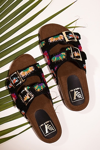 Black & Beige Faux Leather Thread Embroidered Flats by House of Vian