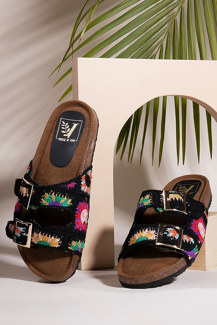 Black & Beige Faux Leather Thread Embroidered Flats by House of Vian at Pernia's Pop Up Shop