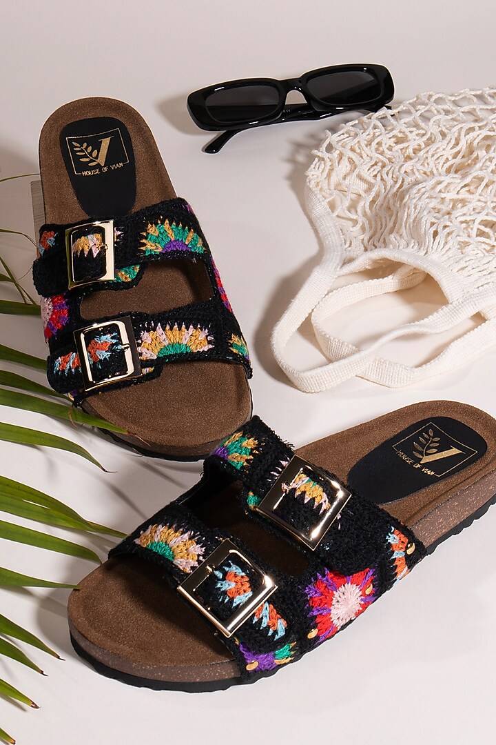 Black & Beige Faux Leather Thread Embroidered Flats by House of Vian at Pernia's Pop Up Shop