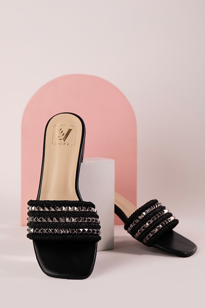 Black & Beige Faux Leather Stud Embellished Flats by House of Vian at Pernia's Pop Up Shop