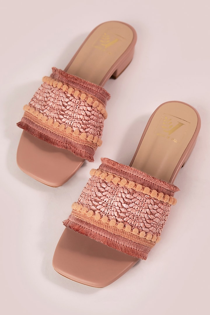 Beige Faux Leather Embroidered Flats by House of Vian at Pernia's Pop Up Shop