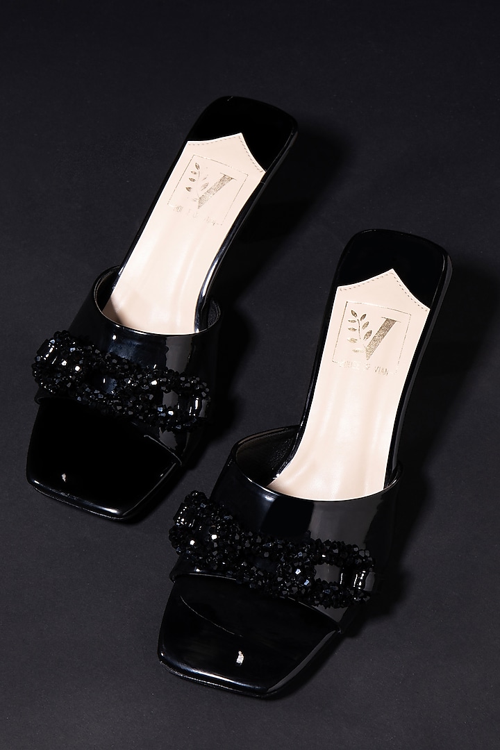 Black & Beige Leatherette Swarovski Embellished Heels by House of Vian at Pernia's Pop Up Shop