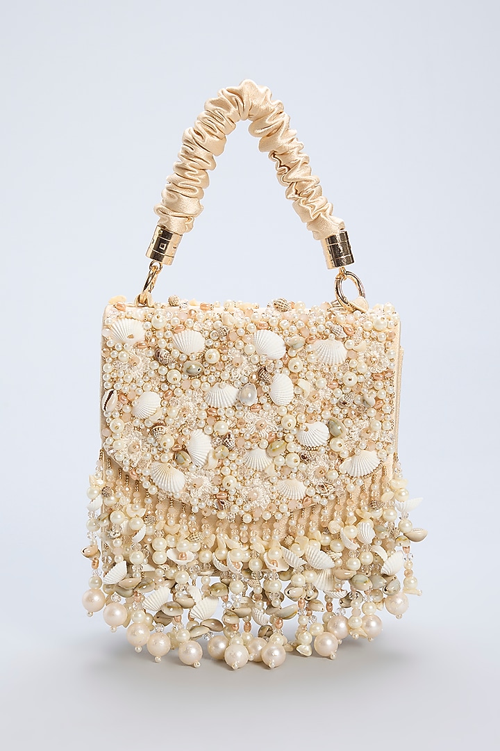 Cream Satin Embelished Clutch by House of Vian at Pernia's Pop Up Shop