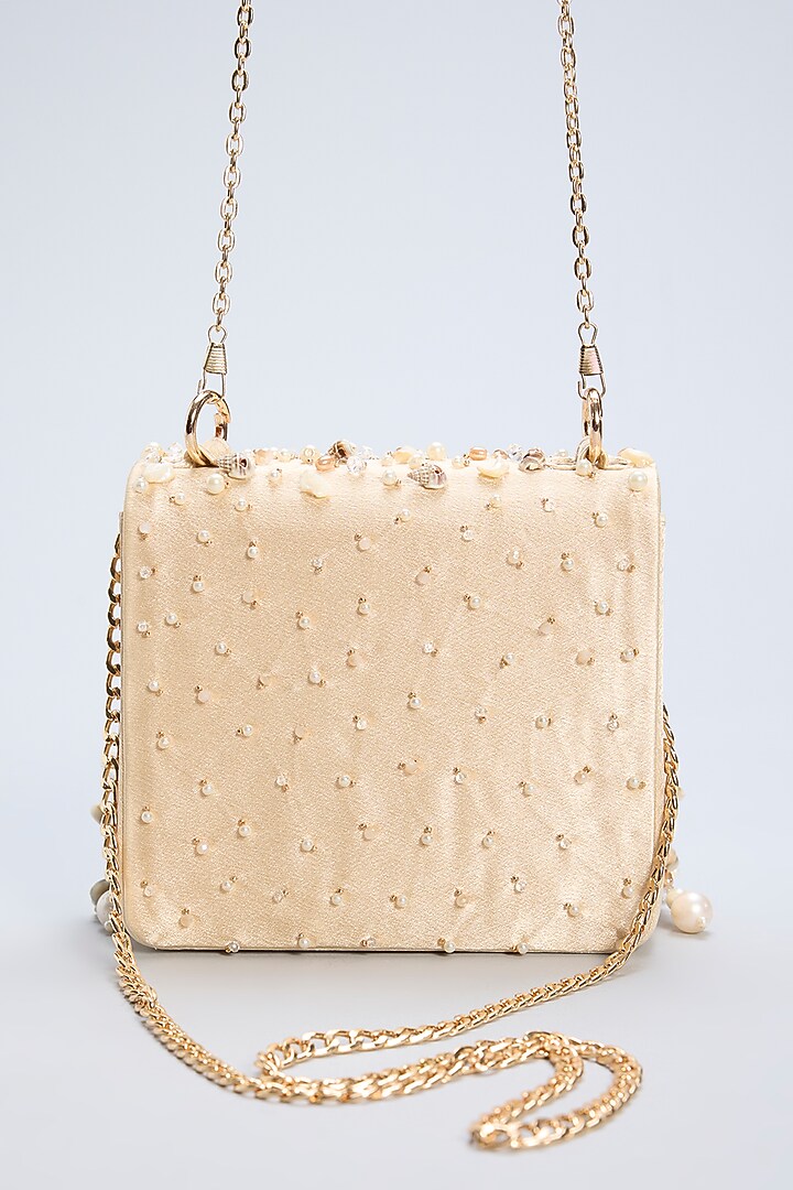 Cream Satin Embelished Clutch by House of Vian at Pernia's Pop Up Shop