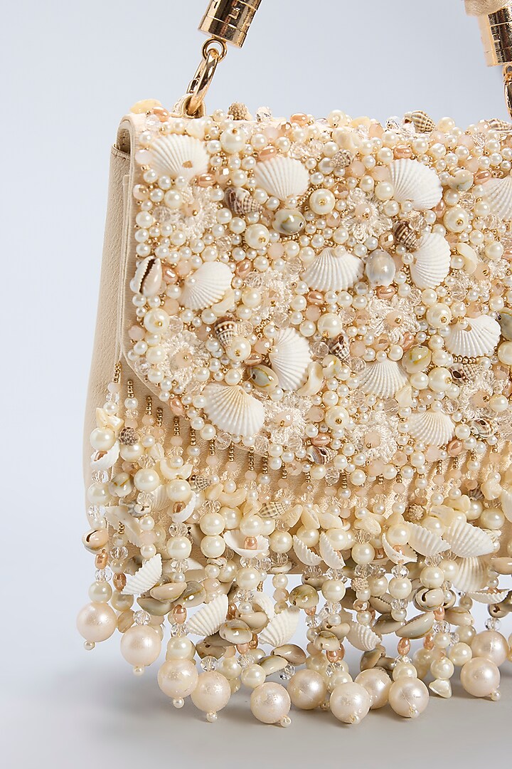 Cream Satin Embelished Clutch by House of Vian at Pernia's Pop Up Shop