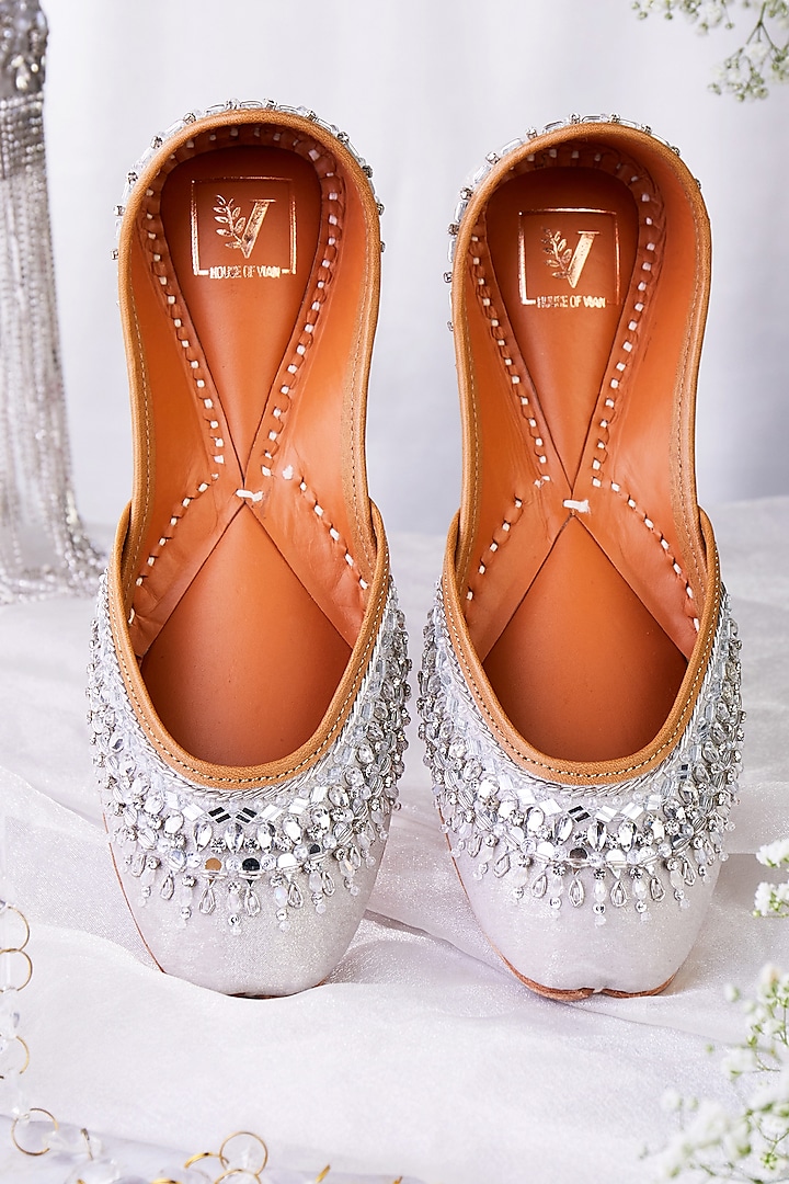 Silver Faux Leather Mirror & Sequins Embellished Juttis by House of Vian at Pernia's Pop Up Shop