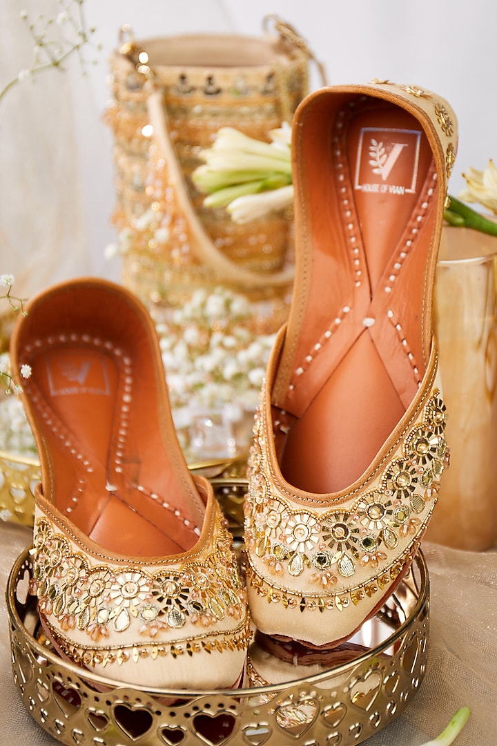 Gold Faux Leather Zari & Sequins Embellished Juttis by House of Vian