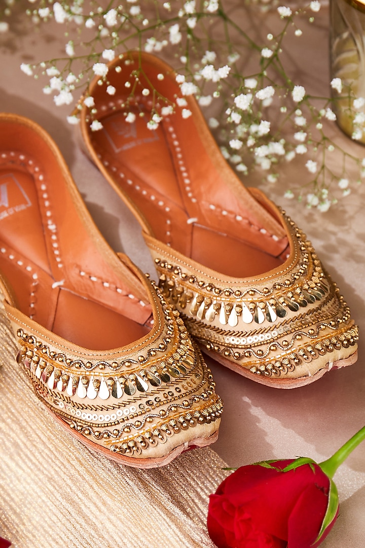 Gold Leatherette & Faux Leather Beads & Sequins Embellished Juttis by House of Vian at Pernia's Pop Up Shop