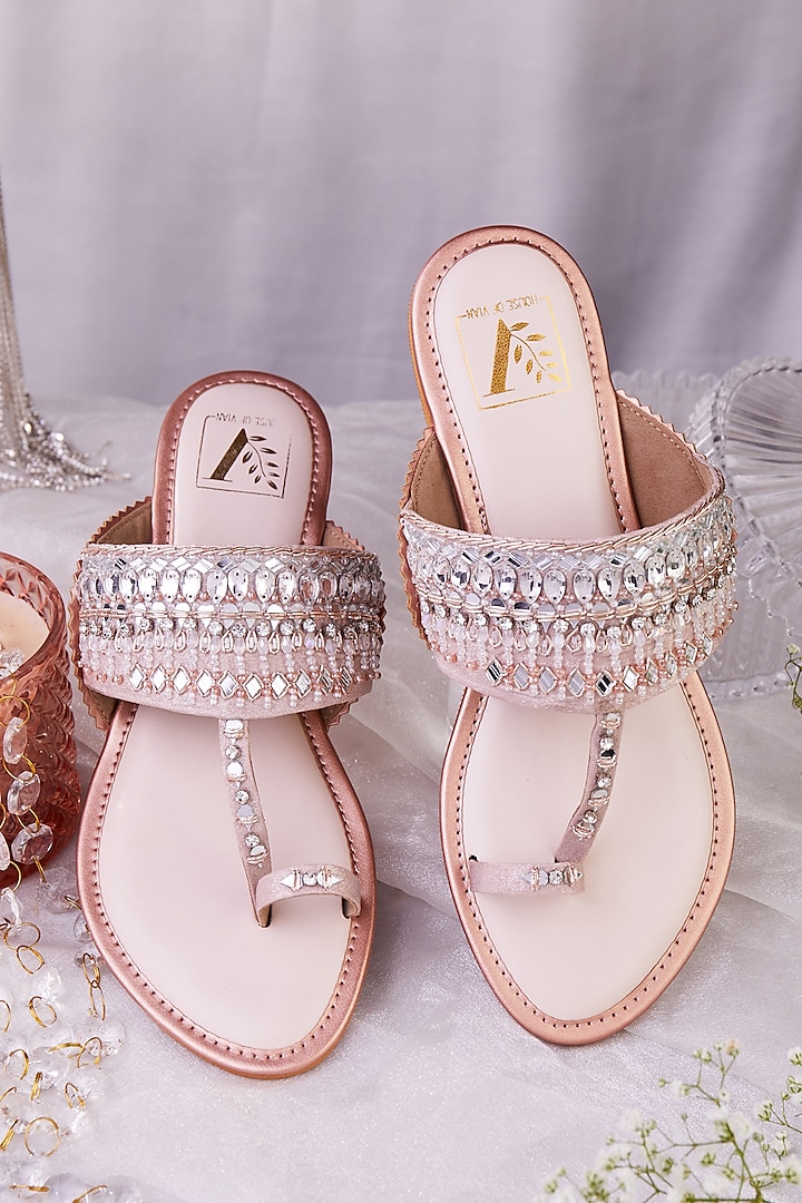 Rose Gold Denim & Faux Leather Mirror Embroidered Kolhapuri Flats by House of Vian at Pernia's Pop Up Shop