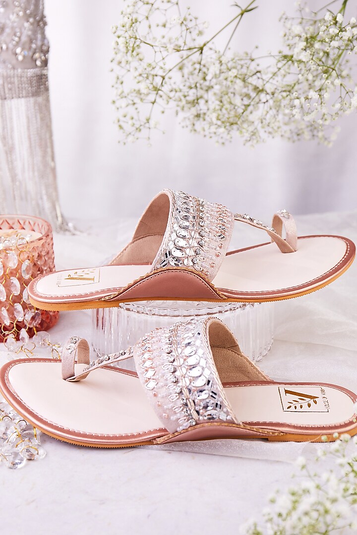 Rose Gold Denim & Faux Leather Mirror Embroidered Kolhapuri Flats by House of Vian at Pernia's Pop Up Shop