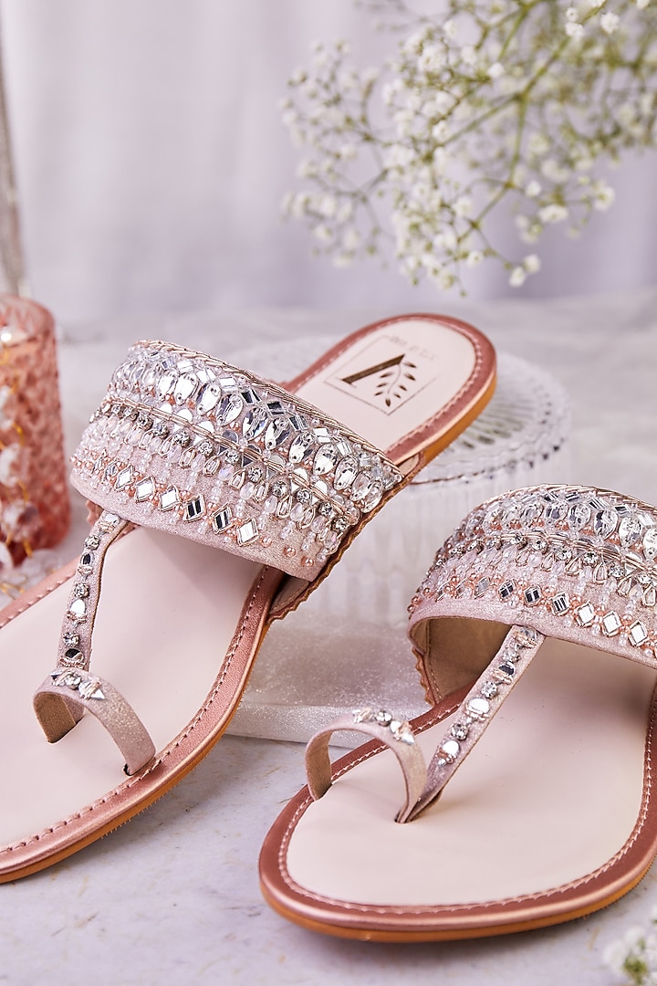 Rose Gold Denim & Faux Leather Mirror Embroidered Kolhapuri Flats by House of Vian at Pernia's Pop Up Shop