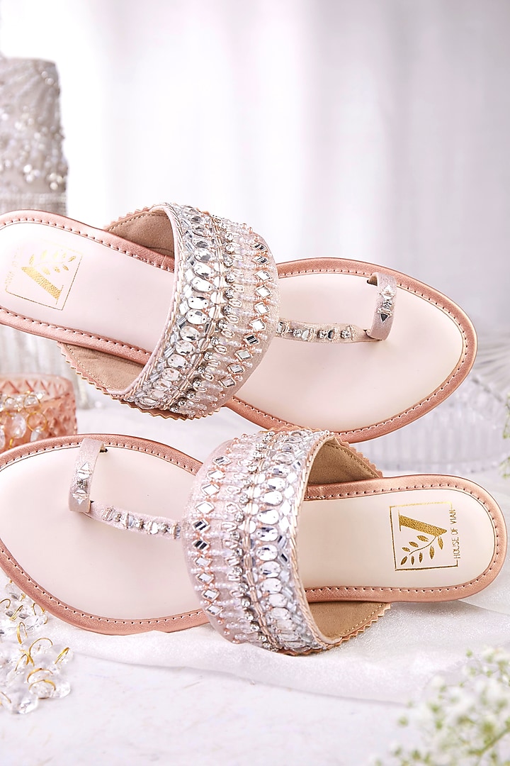 Rose Gold Denim & Faux Leather Mirror Embroidered Kolhapuri Flats by House of Vian at Pernia's Pop Up Shop