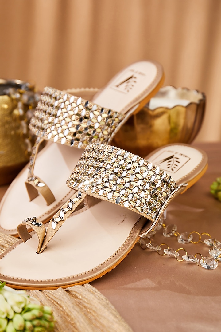 Gold Faux Leather Mirror Embroidered Kolhapuri Flats by House of Vian at Pernia's Pop Up Shop
