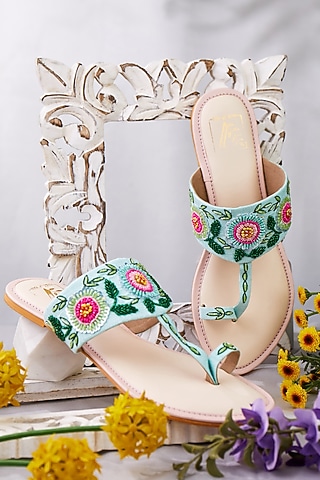 Multi-Colored Faux Leather Mirror Embroidered Kolhapuri Flats by House of Vian