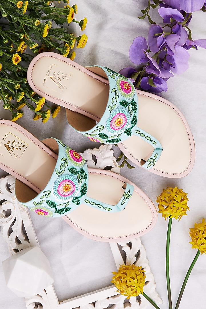 Multi-Colored Faux Leather Mirror Embroidered Kolhapuri Flats by House of Vian at Pernia's Pop Up Shop