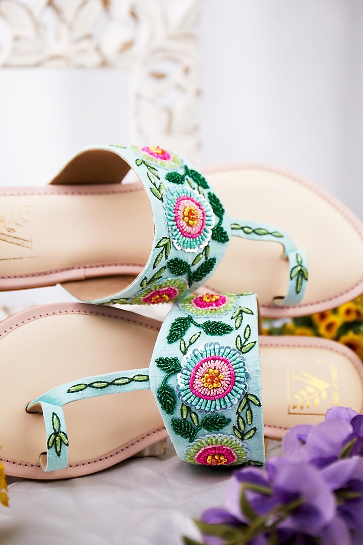 Multi-Colored Faux Leather Mirror Embroidered Kolhapuri Flats by House of Vian at Pernia's Pop Up Shop