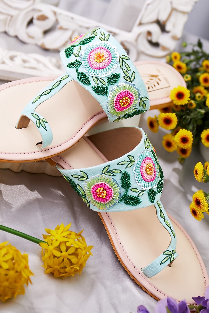 Multi-Colored Faux Leather Mirror Embroidered Kolhapuri Flats by House of Vian at Pernia's Pop Up Shop