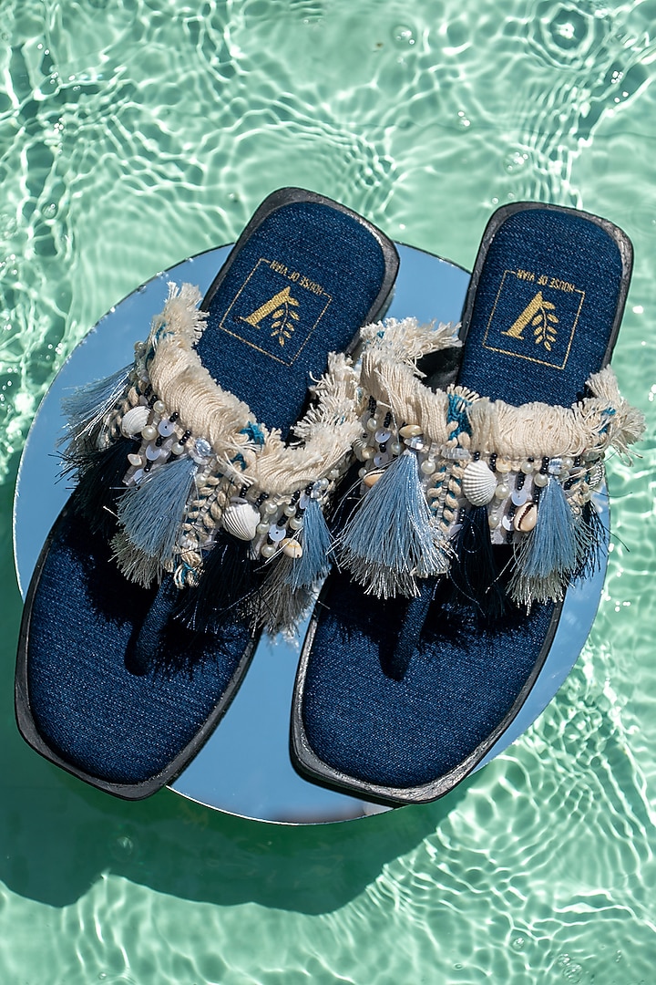 Blue Embroidered T-Strap Flats by House of Vian
