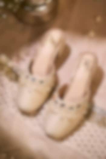 Beige Silk Pearl & Mirror Embellished Mule Heels by House of Vian at Pernia's Pop Up Shop