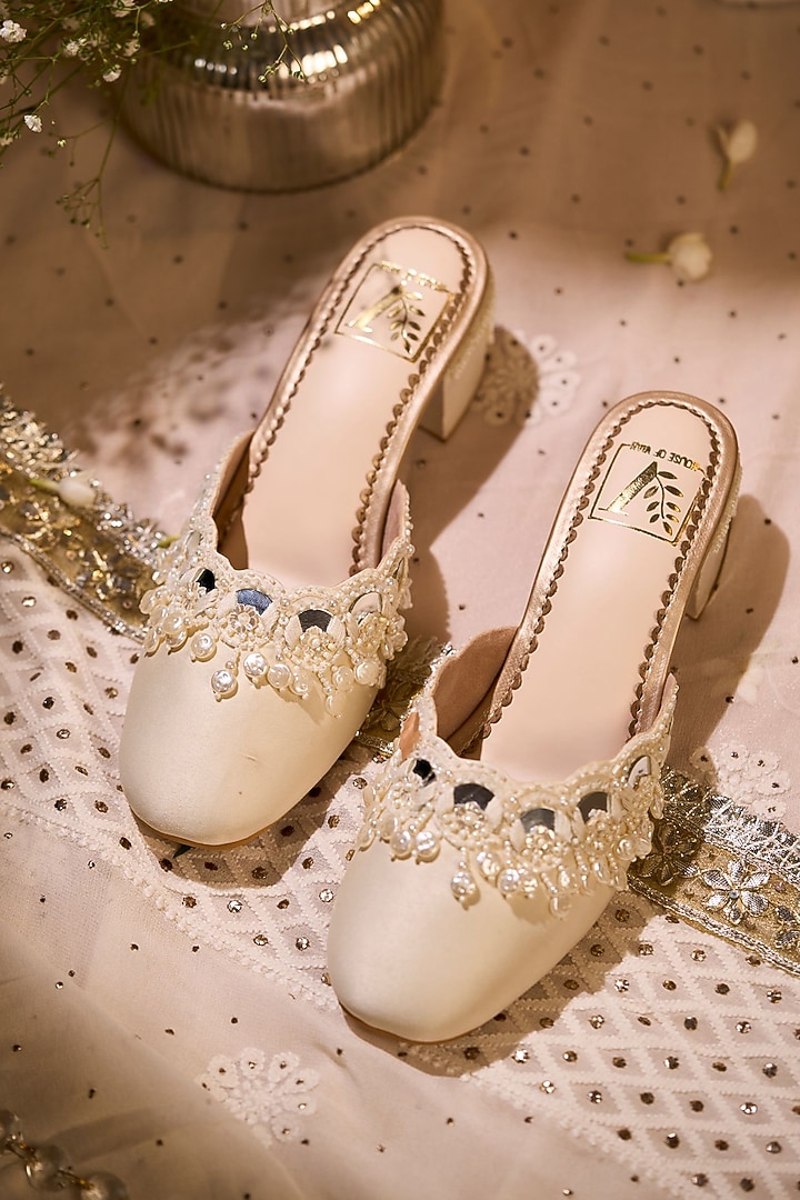 Beige Silk Pearl & Mirror Embellished Mule Heels by House of Vian at Pernia's Pop Up Shop