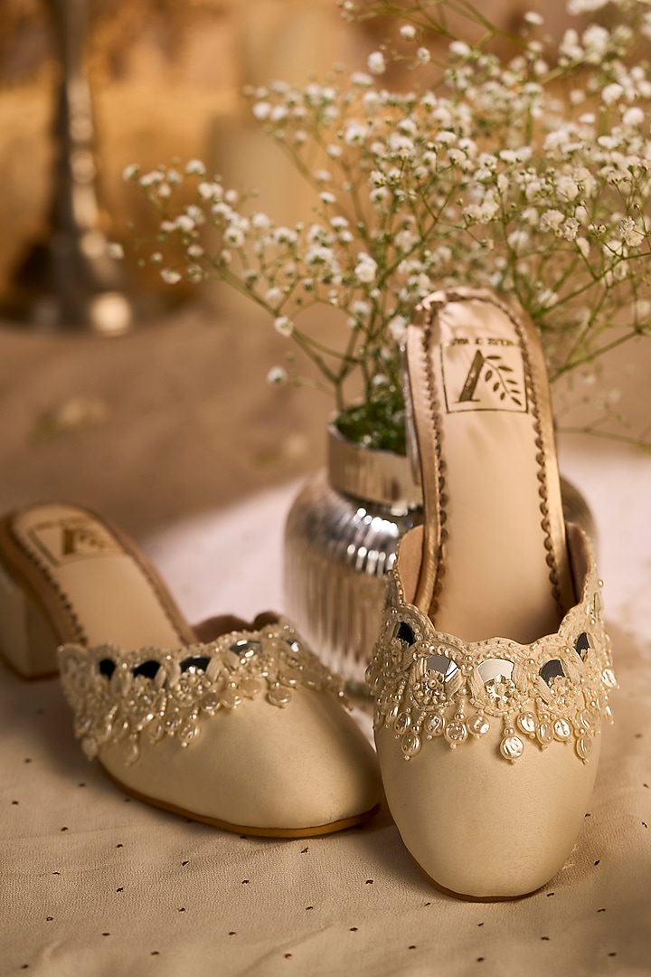 Beige Silk Pearl & Mirror Embellished Mule Heels by House of Vian at Pernia's Pop Up Shop